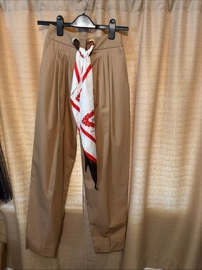 EUC Burberry Tan Pleated Trousers w/ Society Decorative Scarf Detail size 2